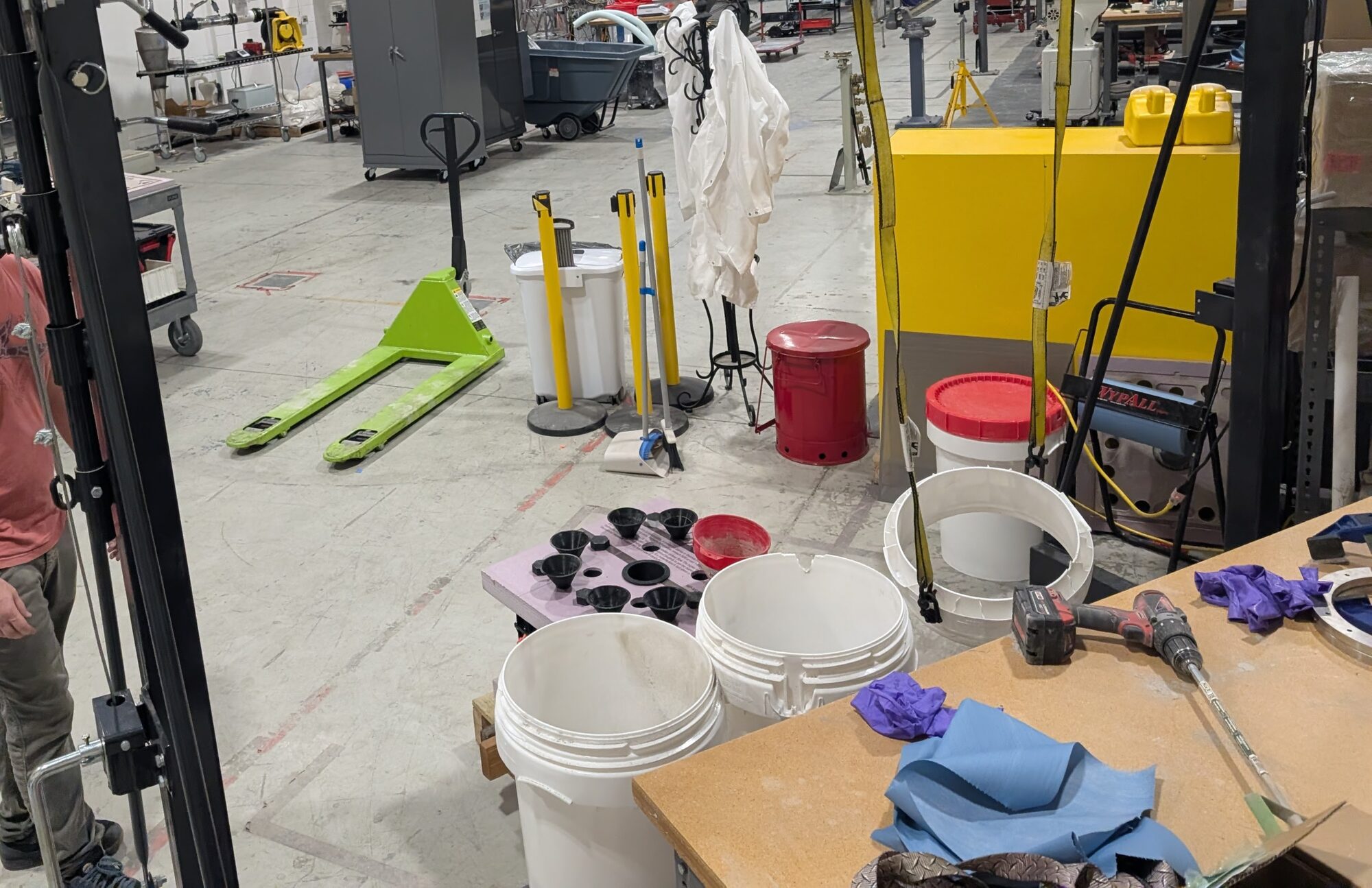 Shop floor with buckets and formers staged for the next pour