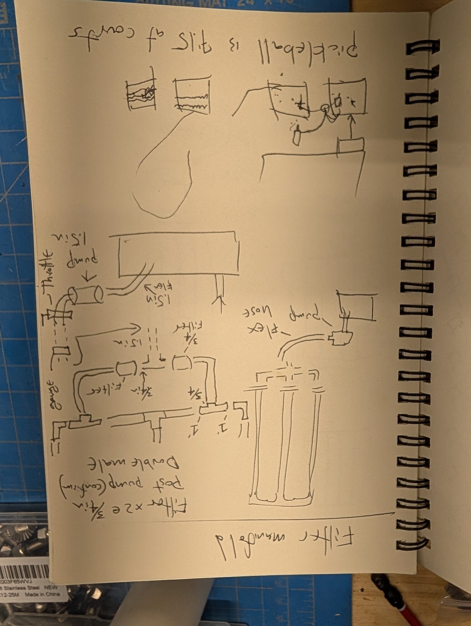 Notebook page with a rough sketch of a filter manifold and plumbing runs