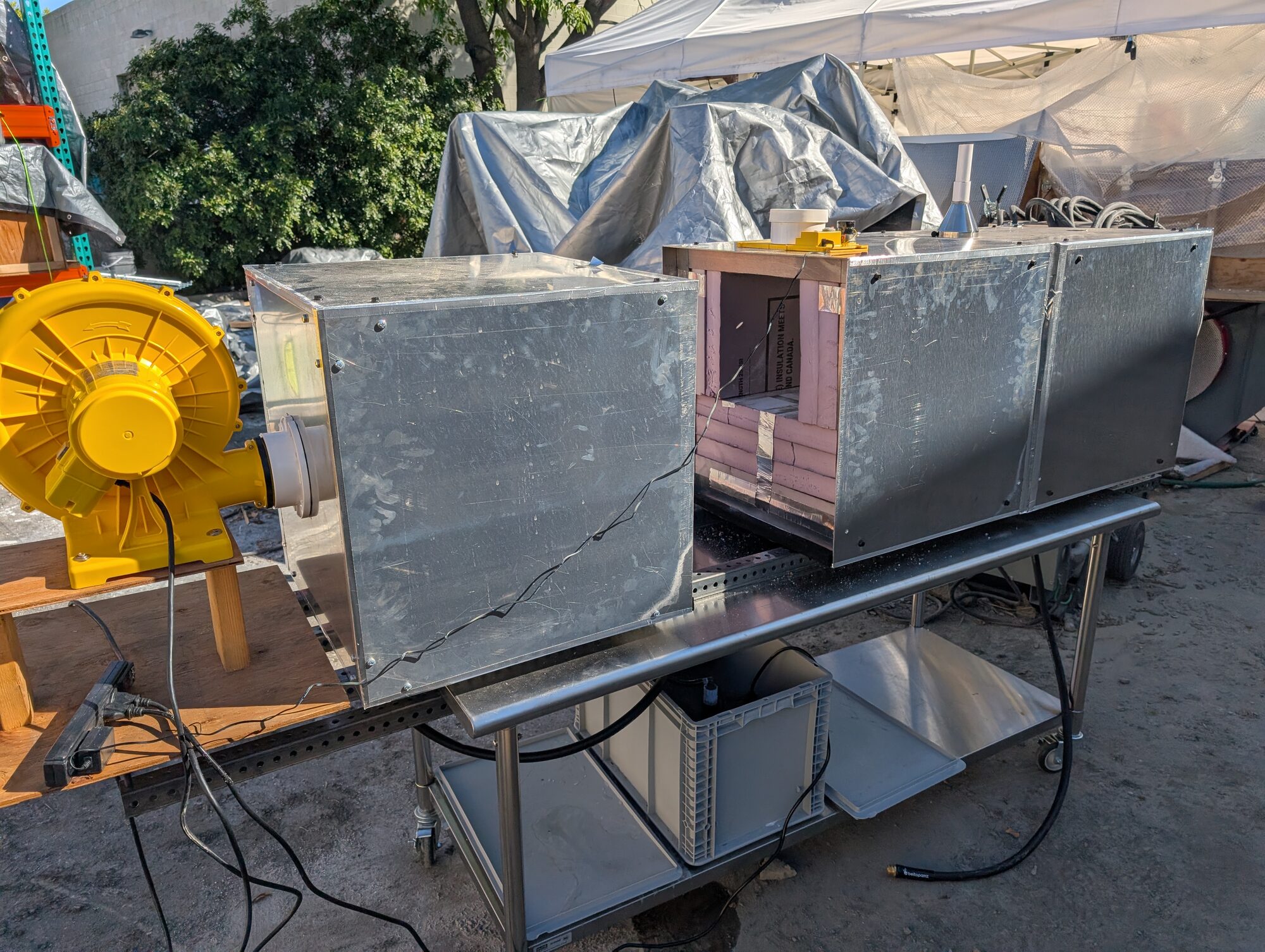 The blower end with the three cubes and the test section standing open