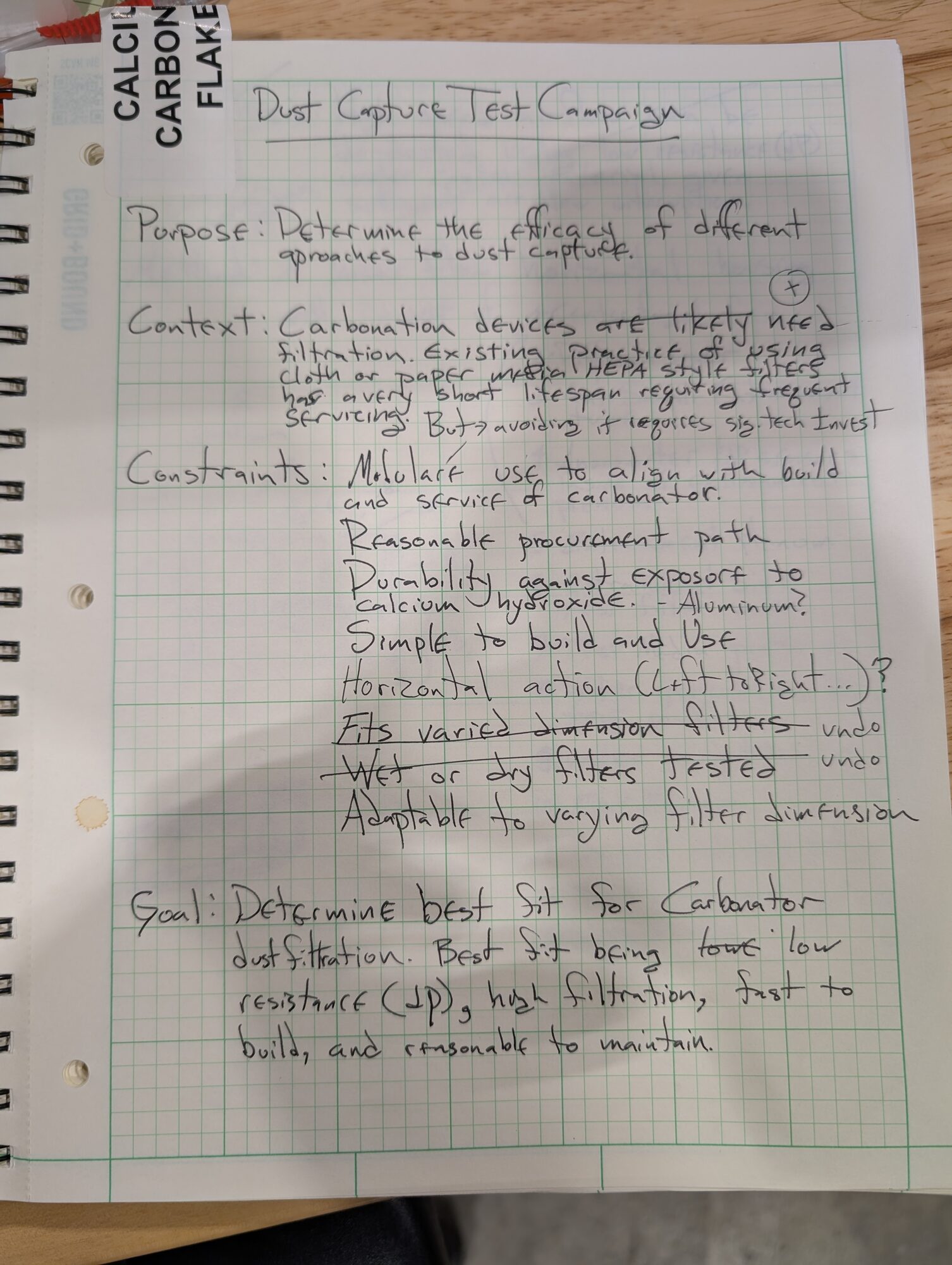 Notebook page headed Dust Capture Test Campaign with purpose, context, constraints and goal